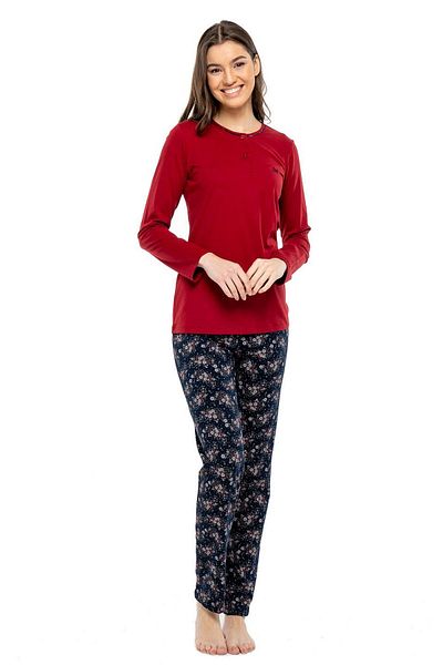 Mod Collection 3975 Women's Claret Red Patchwork Long Sleeve Pajama Set - burgundy