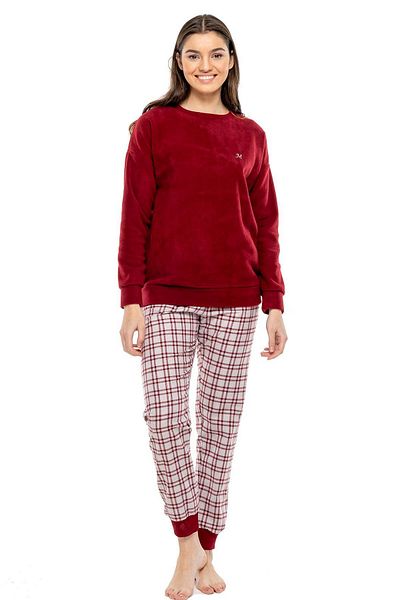 Mod Collection 3998 Women's Claret Red Round Collar Long Sleeve Pajama Set - burgundy
