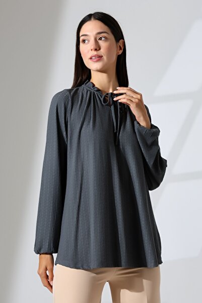 Şiir Elista Women's - Smoke Color Jacquard Drop Collar Shirred Long Sleeve Combed Cotton Blouse & Hijab Blouse