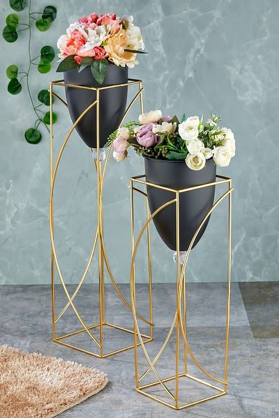 Nefiz Home Metal Black Decorative Footed Flower Pot, 2-Piece Gold Footed Flower Pot, Decorative Flower Pot, Vase