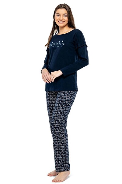 Mod Collection 3960 Kadın Lacivert Yuvarlak Yaka Uzun Kollu Pijama Takımı -lacivert