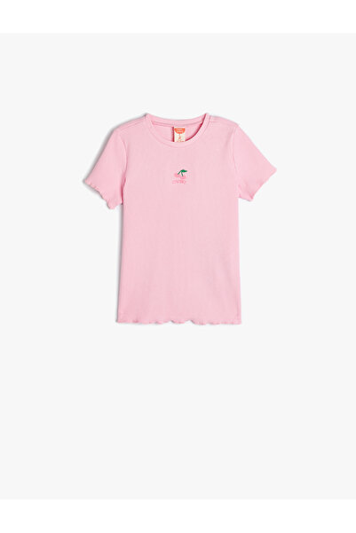 Koton Μπλουζάκι με κοντό μανίκι με λαιμόκοψη με ραβδώσεις από βαμβακερό κέντημα