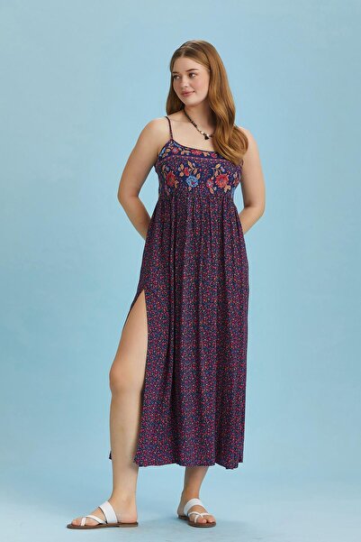 Los banditos Pink Floral Robadan Plus Size Dress with Straps Slit