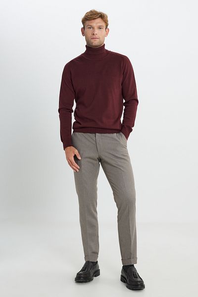 ALTINYILDIZ CLASSICS Men's Burgundy Cotton Standard Fit Regular Fit Full Turtleneck Jacquard Knitwear Sweater
