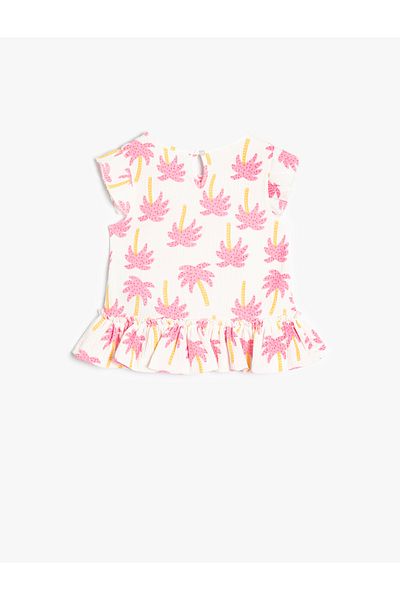 Koton Palm Tree Printed Textured Frilly Undershirt - Crew Neck