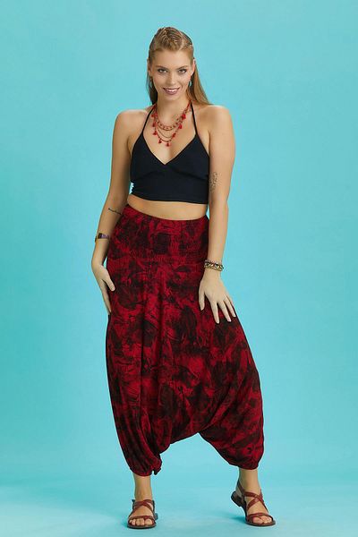 Los banditos Gipe Waist Detailed Bohemian Red Patterned Baggy Trousers