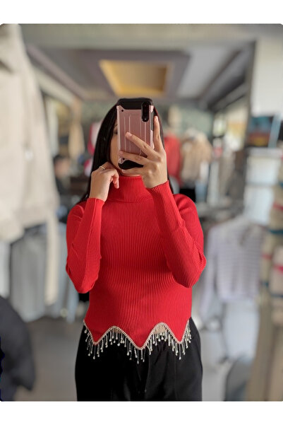 Sublime Butik Kadın Boğazlı Beli Zincir Detaylı Uzun Kollu Crop Bluz