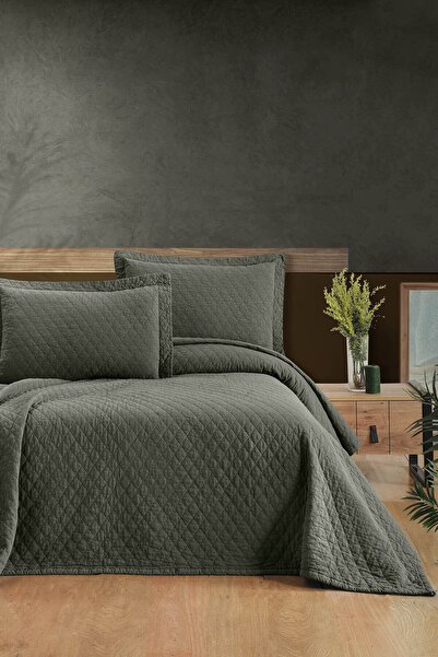 PASIONI - Pamuklu - Parça Boyama Este Haki Tek Kişilik Yatak Örtüsü Takımı