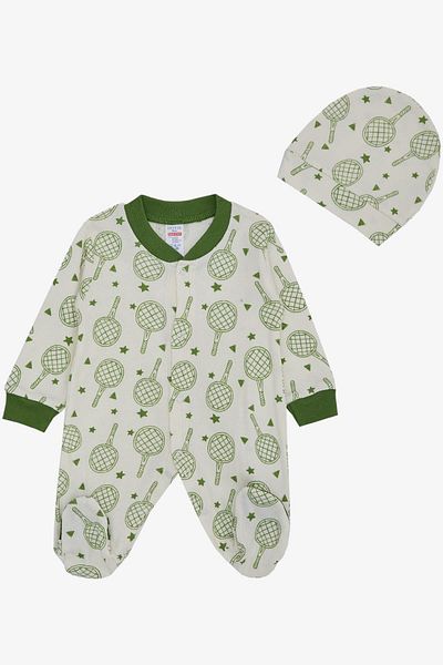 Breeze Baby Boy Booties Jumpsuit Sports Themed Racket Pattern 0-6 Months, Ecru