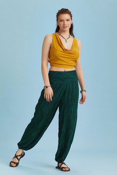 Los banditos Green Patterned Loose Baggy Trousers with Elastic Waist