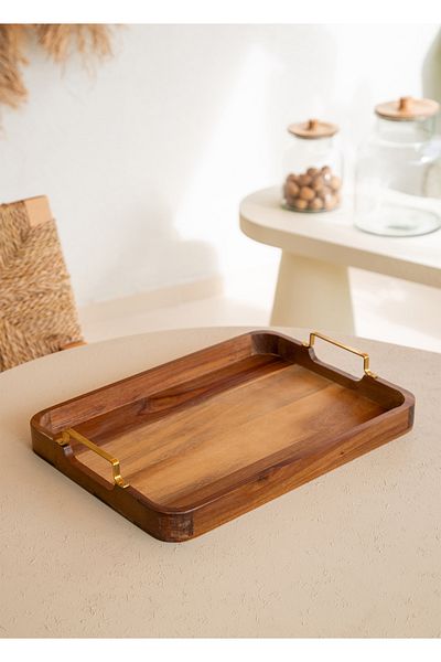 The Mia Natura Metal Arm 38X28 cm Acacia Tray