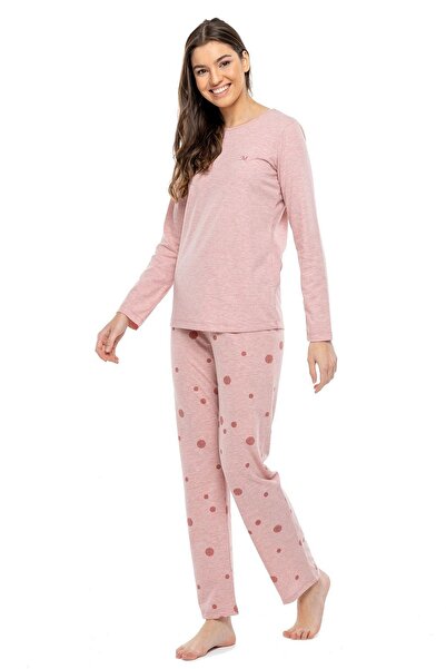 Mod Collection 3993 Kadın Pembe Melanj Yuvarlak Yaka Uzun Kollu Pijama Takımı -pembemelanj