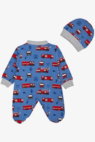 Breeze Baby Boy Overalls with Booties Fire Truck Pattern 0-6 Months, Indigo