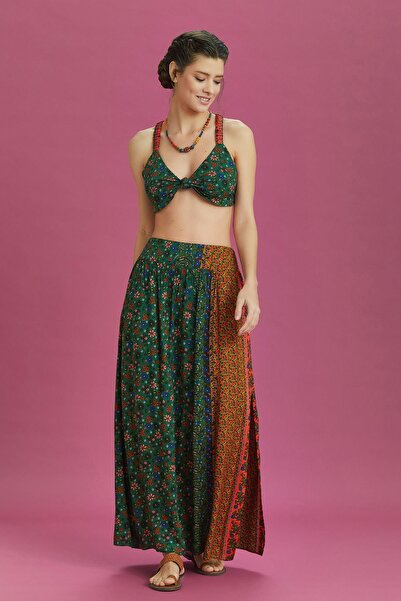 Los banditos Fustă cu fantă adâncă în talie elastică, cu model floral