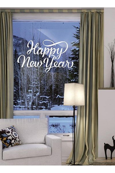 Lizpo Decor White Happy New Year Themed Window Glass Sticker Decoration - 90 X 50 Model 3