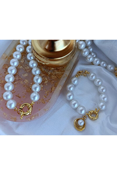 İnci Mode Altın Kaplama Dümen Kapama Altın Takmalık İncili Tasarım Kolye Bileklik Set 10mm