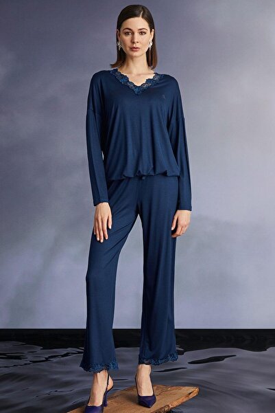 MONAMİSE 22131 Kadın Uzun Kollu Pijama Takımı-Lacivert