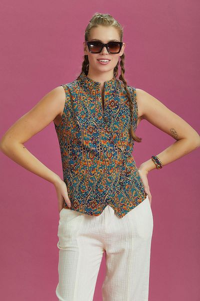 Los banditos Bohemian Style Cross Buttoned Ethnic Patterned Blouse