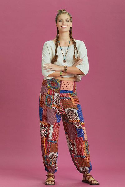 Los banditos Pantaloni largi Shalwar cu model albastru cu talie elastică