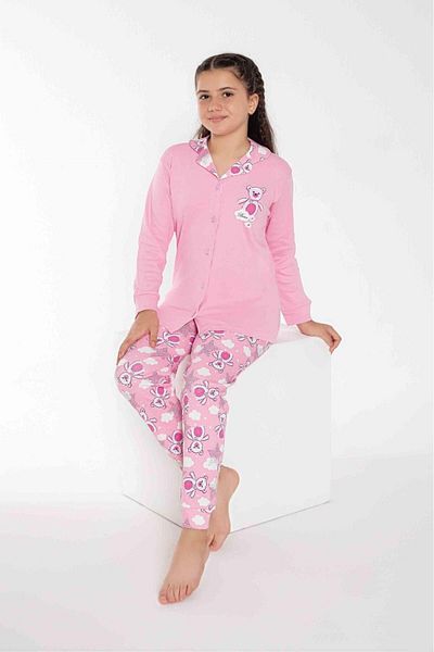 Tarık Mother and Daughter 100% Cotton - Pink Teddy Bear Patterned Long Sleeve Pajamas Set with Shirt Collar and Oversize Buttons