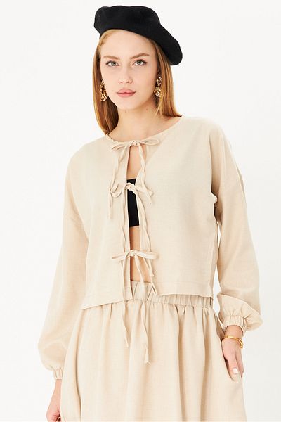 armonika Women's Beige Crew Neck Lace Detail Elastic Sleeves Blouse Arm-25K 001011