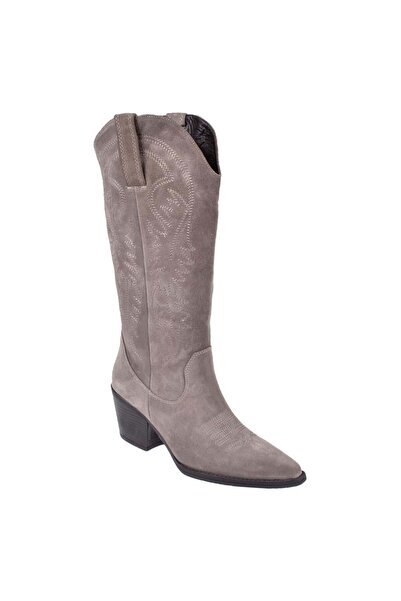 pullman Hakiki Deri İşlemeli Western Kadın Çizme PLM-011 VİZON SÜET