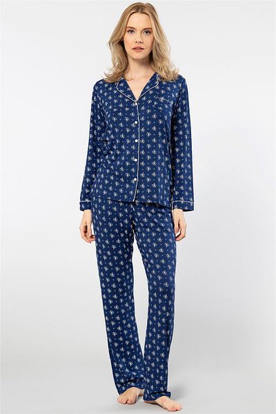 TÜREN 3379 Women's Long Sleeve Shirt Pajamas Set-Navy Blue