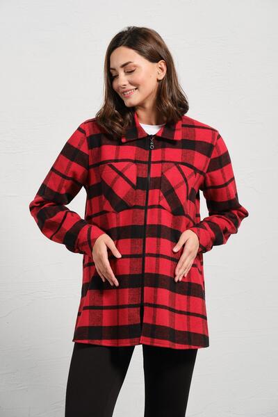 BUSA Hamile Önden Fermuarlı Ekose Oduncu Gömlek Kırmızı
