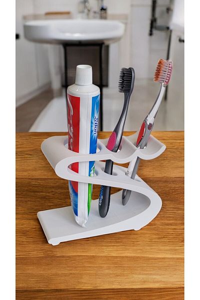 ToXA Decorative Design Toothpaste Brush Holder White Plastic 2 Brushes and Paste Holder