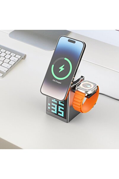 Sphone İphone 11/12/13/14/15/16/Pro/Pro MaxPlus Tüm Seri Uyumlu Dijital Saat Göstergeli Magsafe Şarj Stand