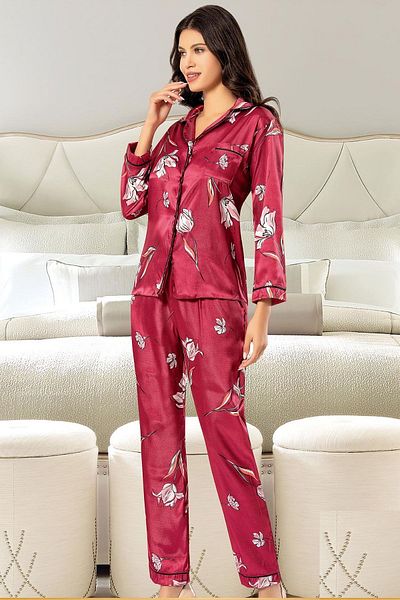 Xses 2000 Women's Long Sleeve Satin Printed Pajama Set-burgundy