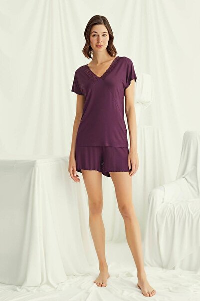 MONAMİSE Women's Short Sleeve Lace V-Neck Shorts Set 18499