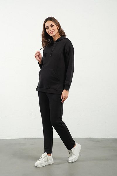 BUSA Maternity Black Tracksuit Set - Stretchy with Adjustable Waist Hood and Breastfeeding Detail
