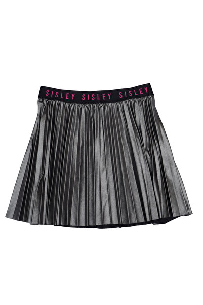 Sisley Girl's Metallic Gray Skirt - Pleated and Elastic Waist with Brand Logo