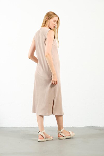 BUSA Μπεζ Μίντι Φόρεμα εγκυμοσύνης - Σχέδιο με σχίσιμο στο πλάι και μηδενικό μανίκι