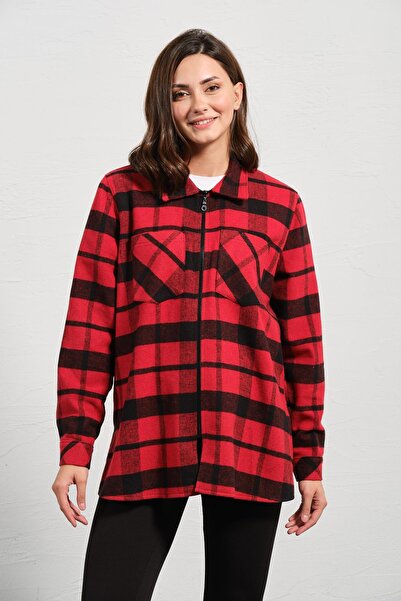 BUSA Hamile Önden Fermuarlı Ekose Oduncu Gömlek Kırmızı