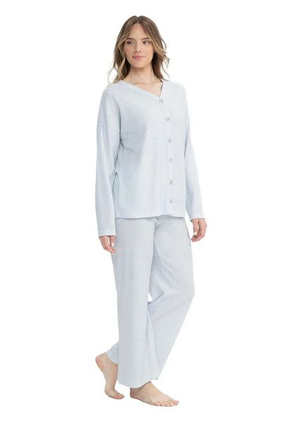 U.S. Polo Assn. US Polo Assn. 17097 Costum de pijama cu mânecă lungă din țesătură din lână perforată pentru femei, cu nasturi în față-Grimela