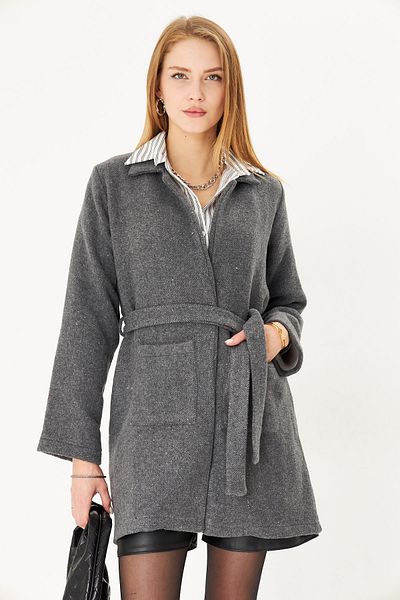 armonika Dámský antracitový pánský límec s páskem na kabát na rameno-25K 001053