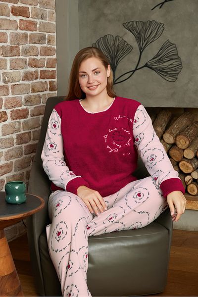 Prestij İç Giyim Women's Plus Size Print Crew Neck Winter Soft Textured Fleece Pajamas Set