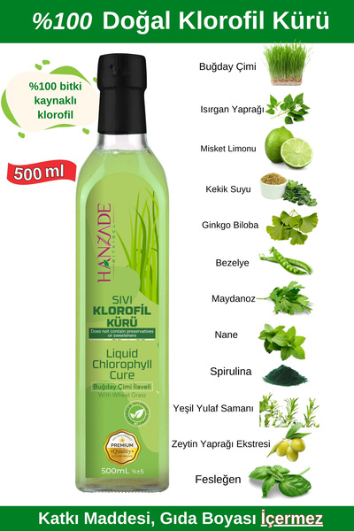 Hanzade Bitkisel Sıvı Klorofil Kürü Buğday Çimi İlaveli Bitki Ekstraktları 500 ML Cam Şişe