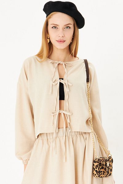 armonika Women's Beige Crew Neck Lace Detail Elastic Sleeves Blouse Arm-25K 001011