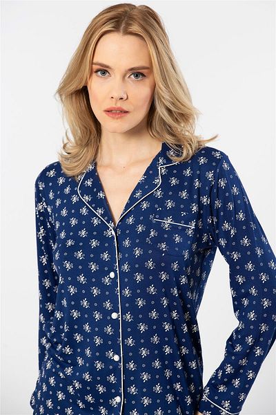 TÜREN 3379 Women's Long Sleeve Shirt Pajamas Set-Navy Blue