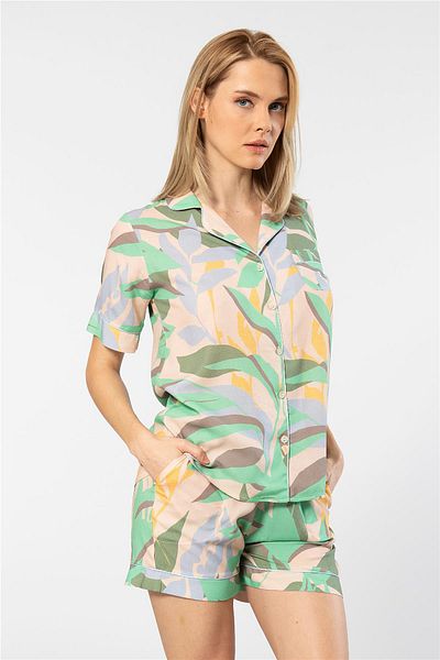 TÜREN Türen 3605 Green Women's Shirt and Shorts Pajama Set - Short Sleeve