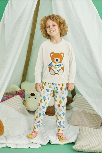 Aydoğan Children's White Teddy Bear Print Thermal Pajamas Set - Warm and Cute Winter Set