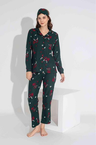 Tarık Green Suede Pajama Set - Shirt Collar, Long Sleeve, Neck Buttoned