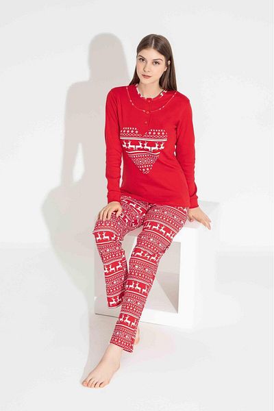 Tarık 100% Cotton Long Sleeve Red Heart Deer Patterned Pajama Set for Girls