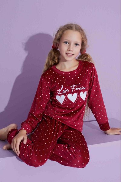 Tarık Set de pijamale din catifea burgundă - mânecă lungă, broderie inimă, gât crew