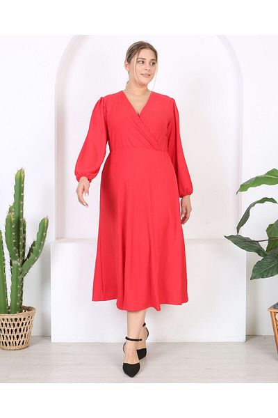 Butik Nilyam Women's Plus Size Double Breasted Neck Balloon Sleeve Maxi Length Wrap Dress 24672