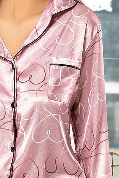 Xses 2000 Women's Long Sleeve Satin Printed Pajama Set - dried rose