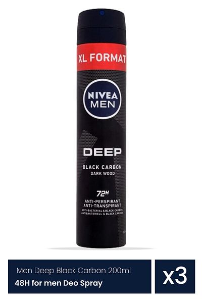 NIVEA Nivea Men Deep Black Carbon - 48ωρο αντιιδρωτικό αποσμητικό σπρέι για άνδρες 3 τεμάχια x 200ml